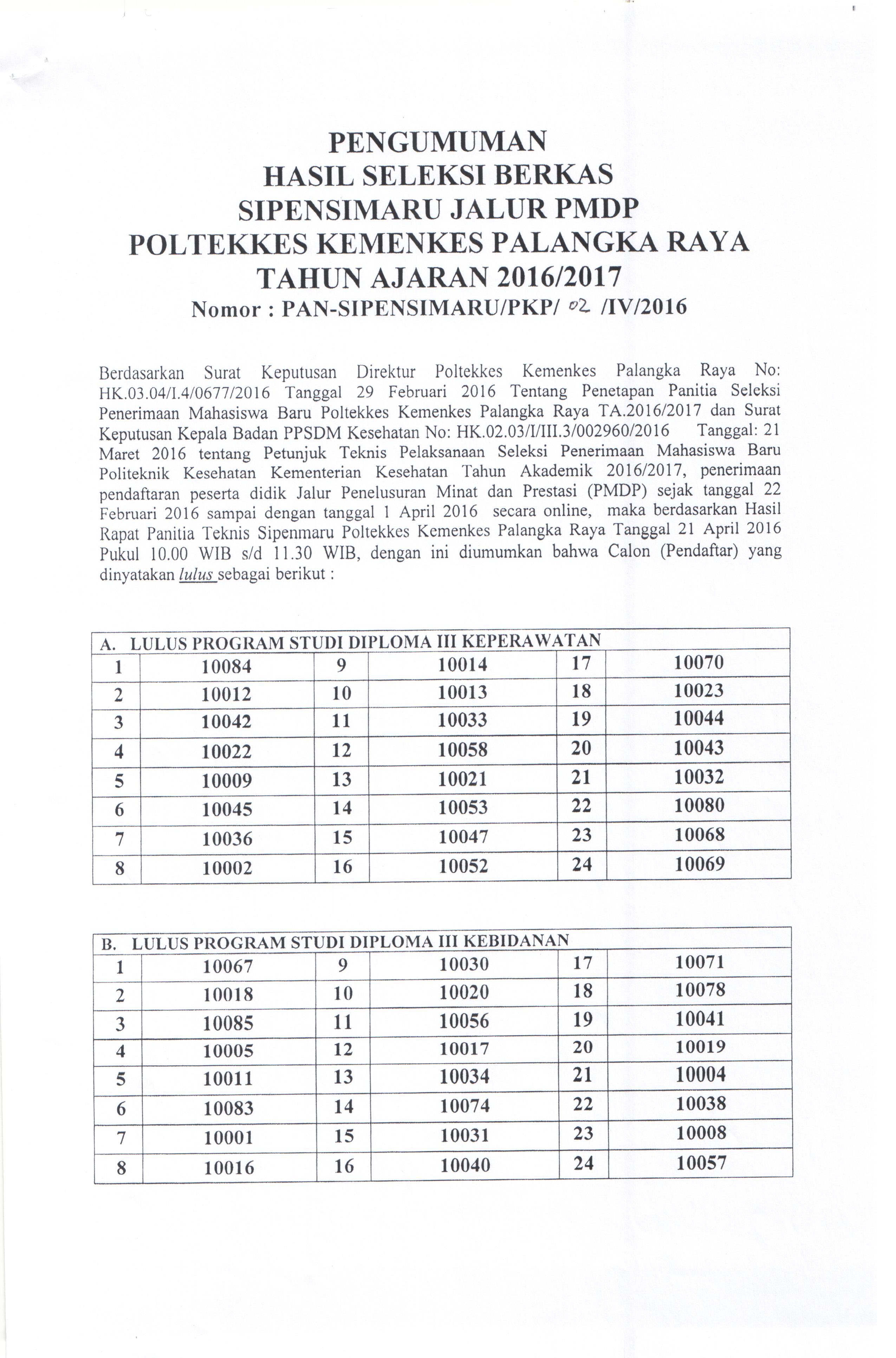 Pengumuman Seleksi Berkas Jalur PMDP Poltekkes Kemenkes P.Raya 001