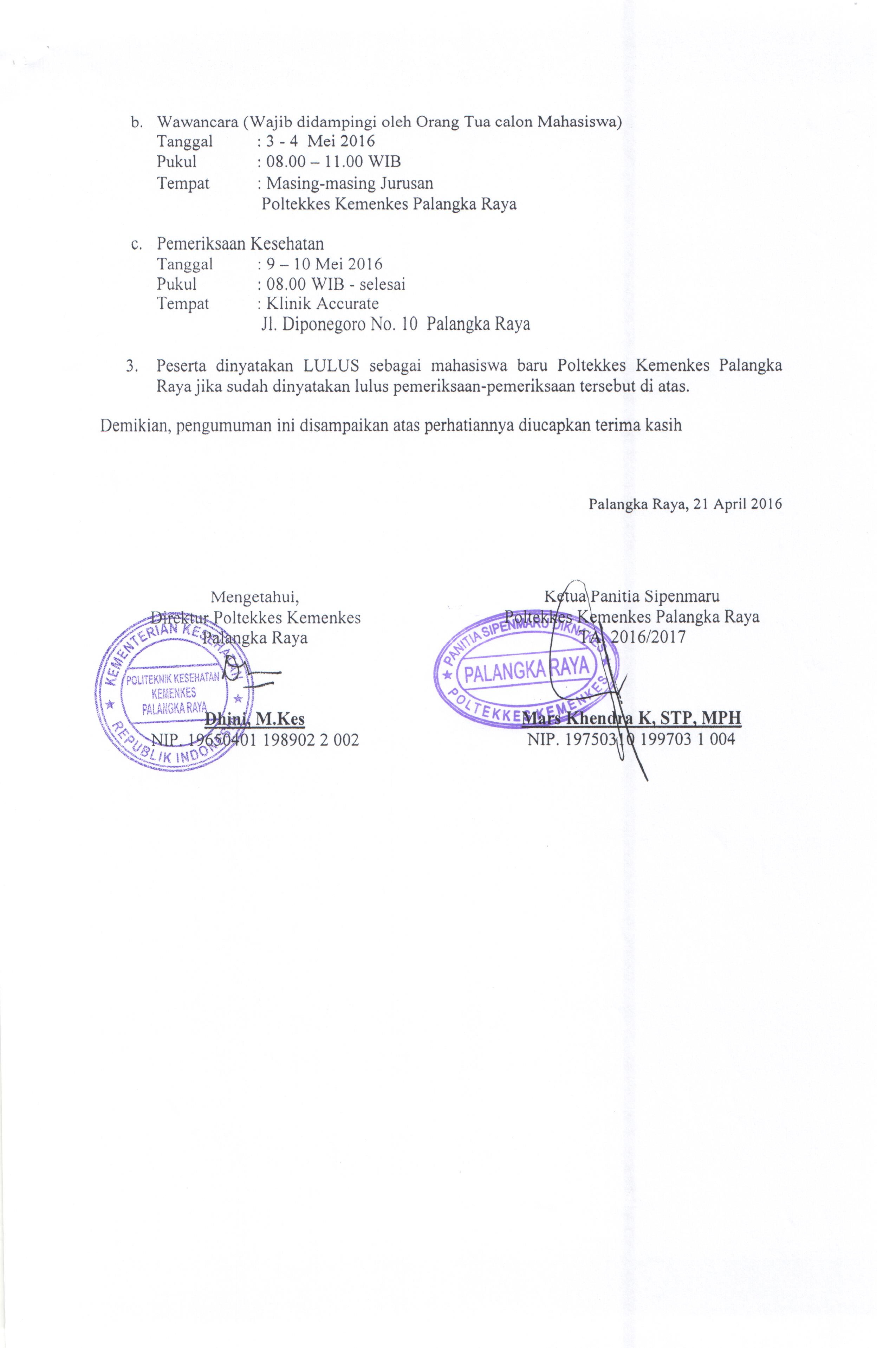 Pengumuman Seleksi Berkas Jalur PMDP Poltekkes Kemenkes P.Raya 003